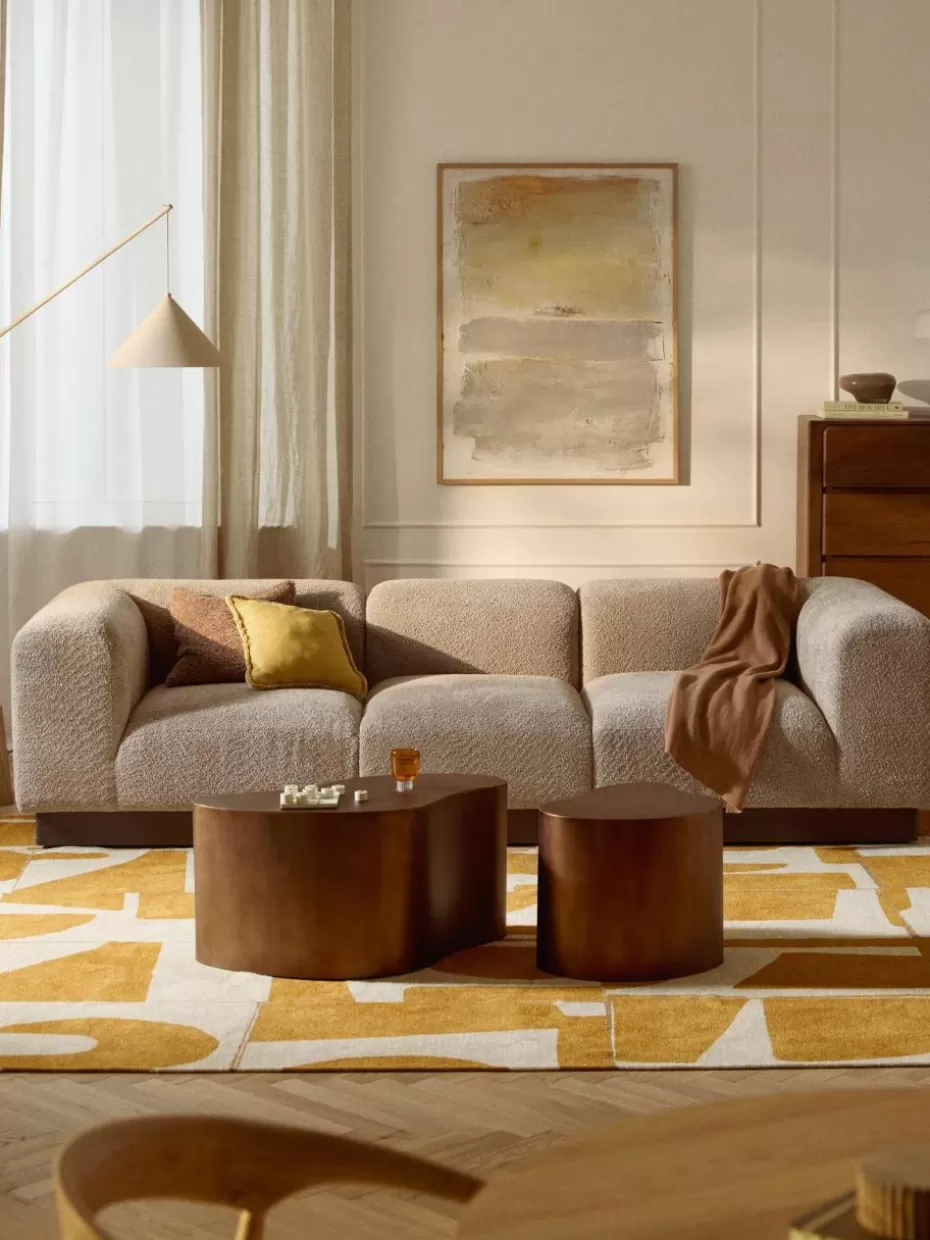 Sofas-Westwing Collection Modulares Sofa Natalie (3-Sitzer) aus Teddy-Bouclé Teddy-Bouclé Beige, dunkles Buchenholz