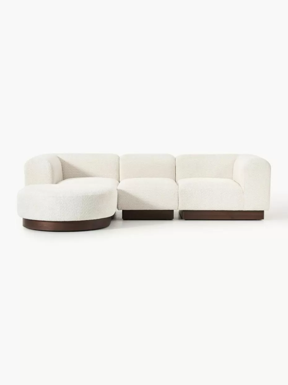 Sofas-Westwing Collection Modulares Sofa Natalie (3-Sitzer) aus Teddy-Bouclé mit Hocker Teddy-Bouclé Off White, dunkles Buchenholz