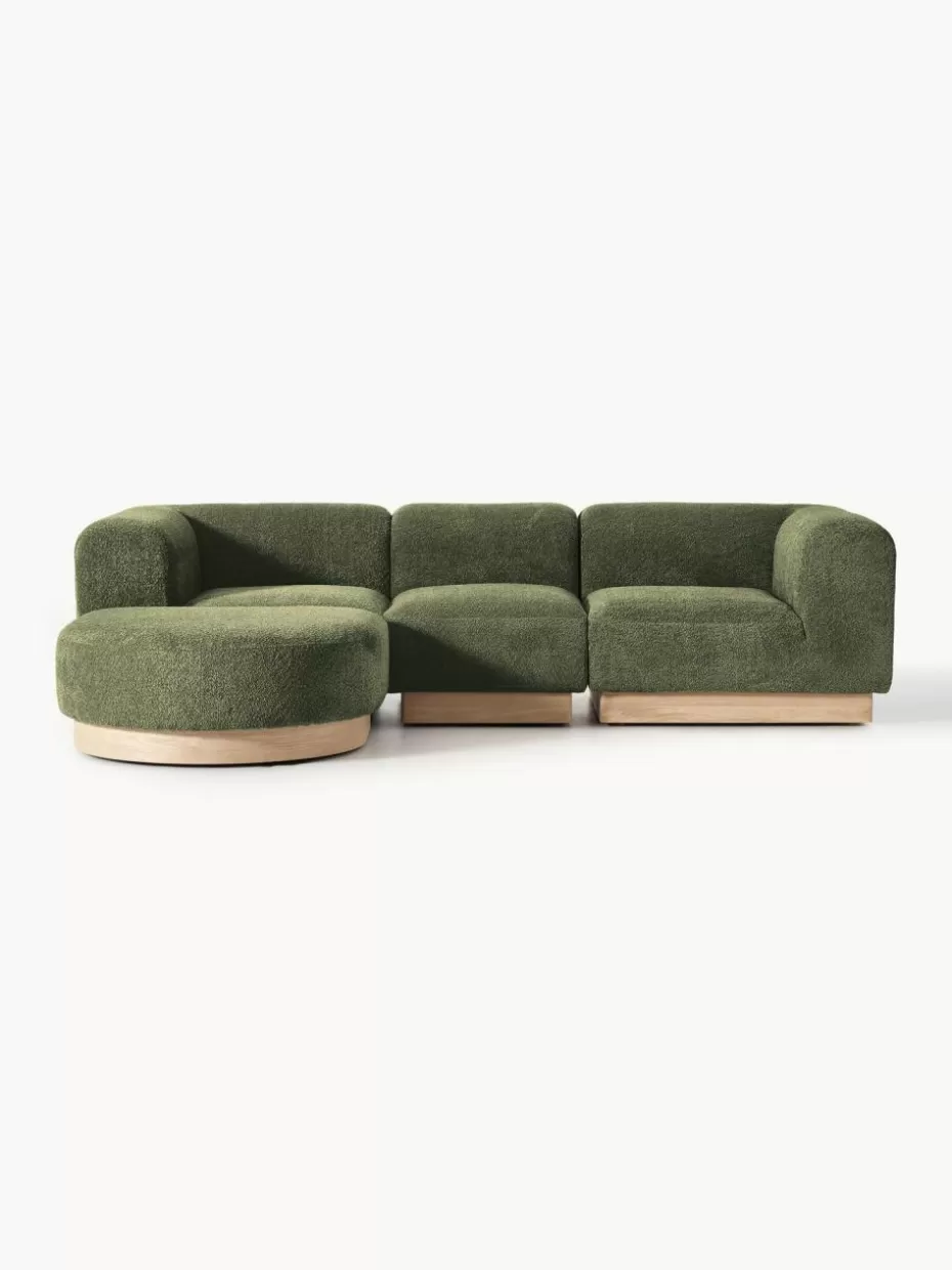 Sofas-Westwing Collection Modulares Sofa Natalie (3-Sitzer) aus Teddy-Bouclé mit Hocker Teddy-Bouclé Dunkelgrün, helles Buchenholz