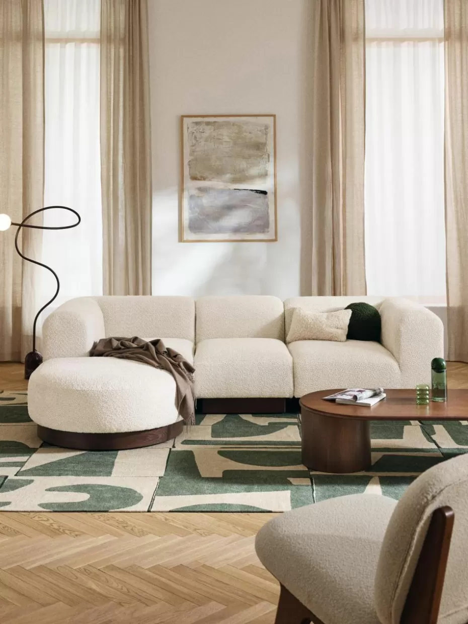 Sofas-Westwing Collection Modulares Sofa Natalie (3-Sitzer) aus Teddy-Bouclé mit Hocker Teddy-Bouclé Off White, dunkles Buchenholz