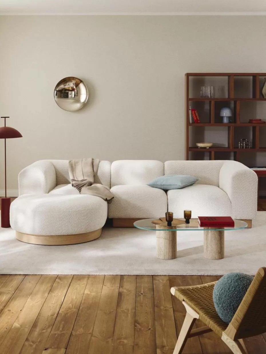 Sofas-Westwing Collection Modulares Sofa Natalie (3-Sitzer) aus Teddy-Bouclé mit Hocker Teddy-Bouclé Off White, helles Buchenholz