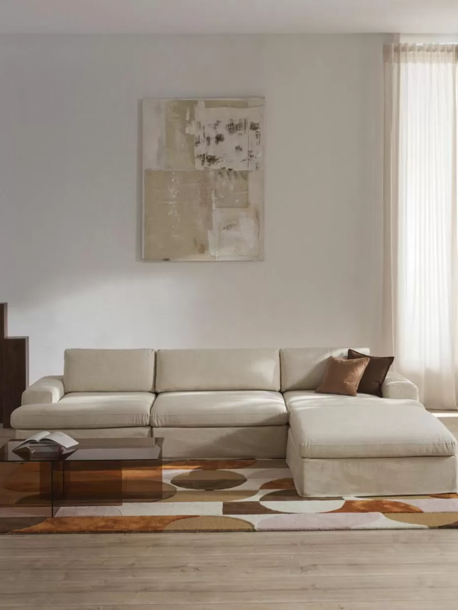 Sofas | Sofaserien-Westwing Collection Modulares Sofa Russell (4-Sitzer) mit Hocker (links/rechts) Webstoff Hellbeige