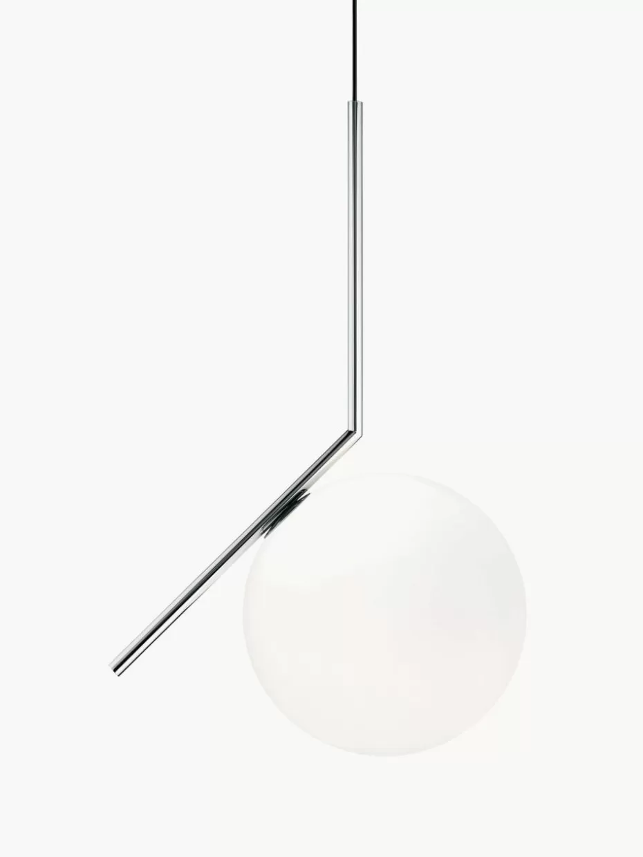 Pendelleuchten-Flos Mundgeblasene Pendelleuchte IC Lights, H 70 cm Silberfarben glänzend, Weiß