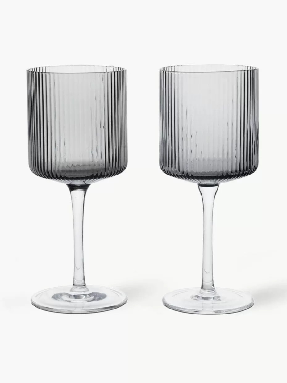 Weingläser-ferm LIVING Mundgeblasene Weißweingläser Ripple mit Rillenrelief, 2 Stück Grau, transparent und glänzend