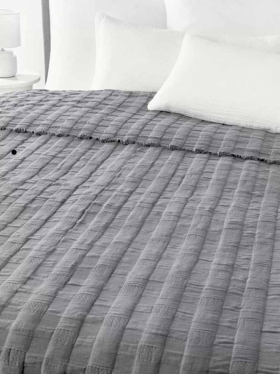 Tagesdecken & Bettüberwürfe-Westwing Collection Musselin-Tagesdecke Bethany mit Fransen Grau