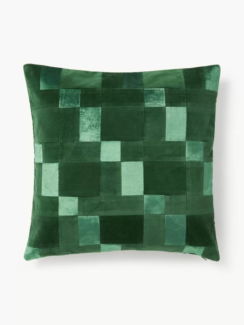 Dekokissen-Westwing Collection Patchwork-Kissenhülle Bastien aus Samt Dunkelgrüntöne