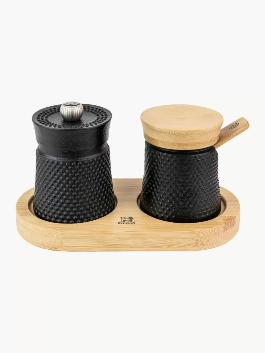 Gewürzmühlen-Peugeot Saveurs Pfeffermühle & Salzschälchen Bali mit Löffel, 4er-Set