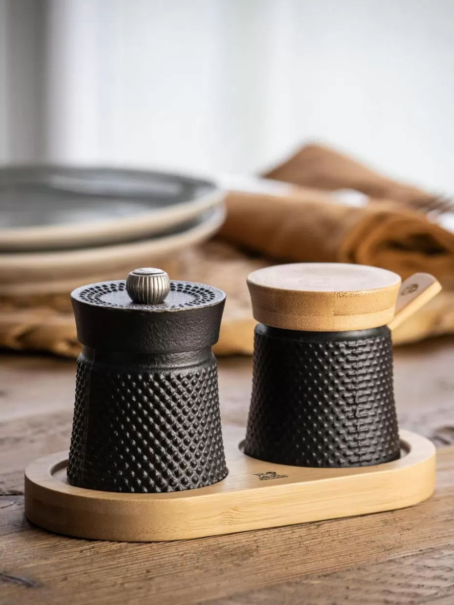 Gewürzmühlen-Peugeot Saveurs Pfeffermühle & Salzschälchen Bali mit Löffel, 4er-Set