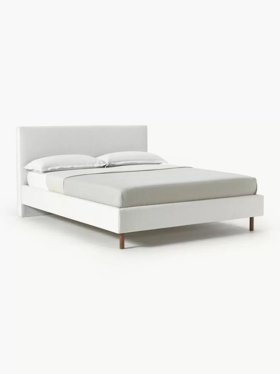 Betten-Westwing Collection Polsterbett Giulia mit Holzfüßen Webstoff Off White, Buchenholz dunkelbraun lackiert