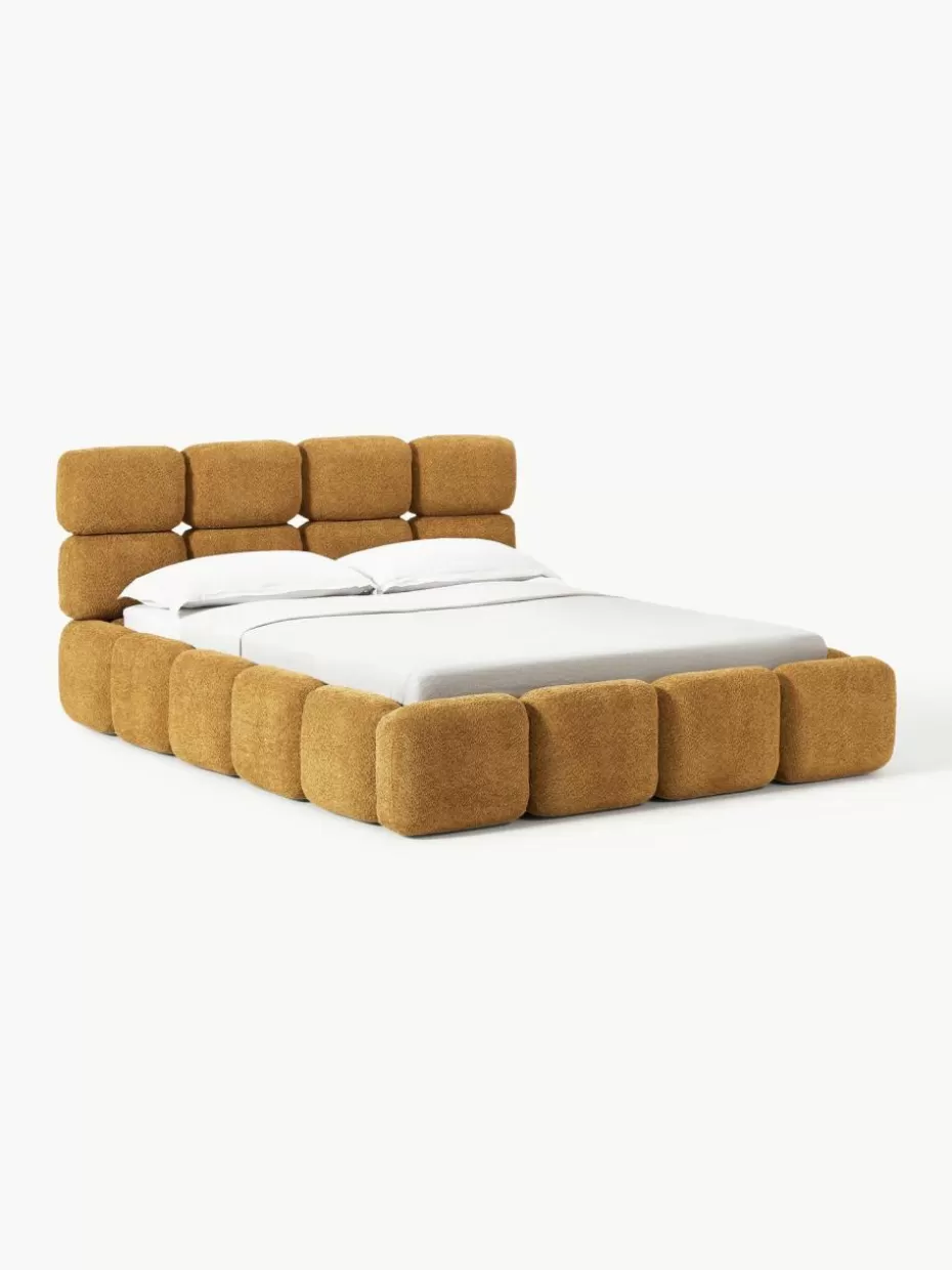 Betten-Westwing Collection Polsterbett Tayla aus Teddy-Bouclé mit Stauraum Teddy-Bouclé Ocker
