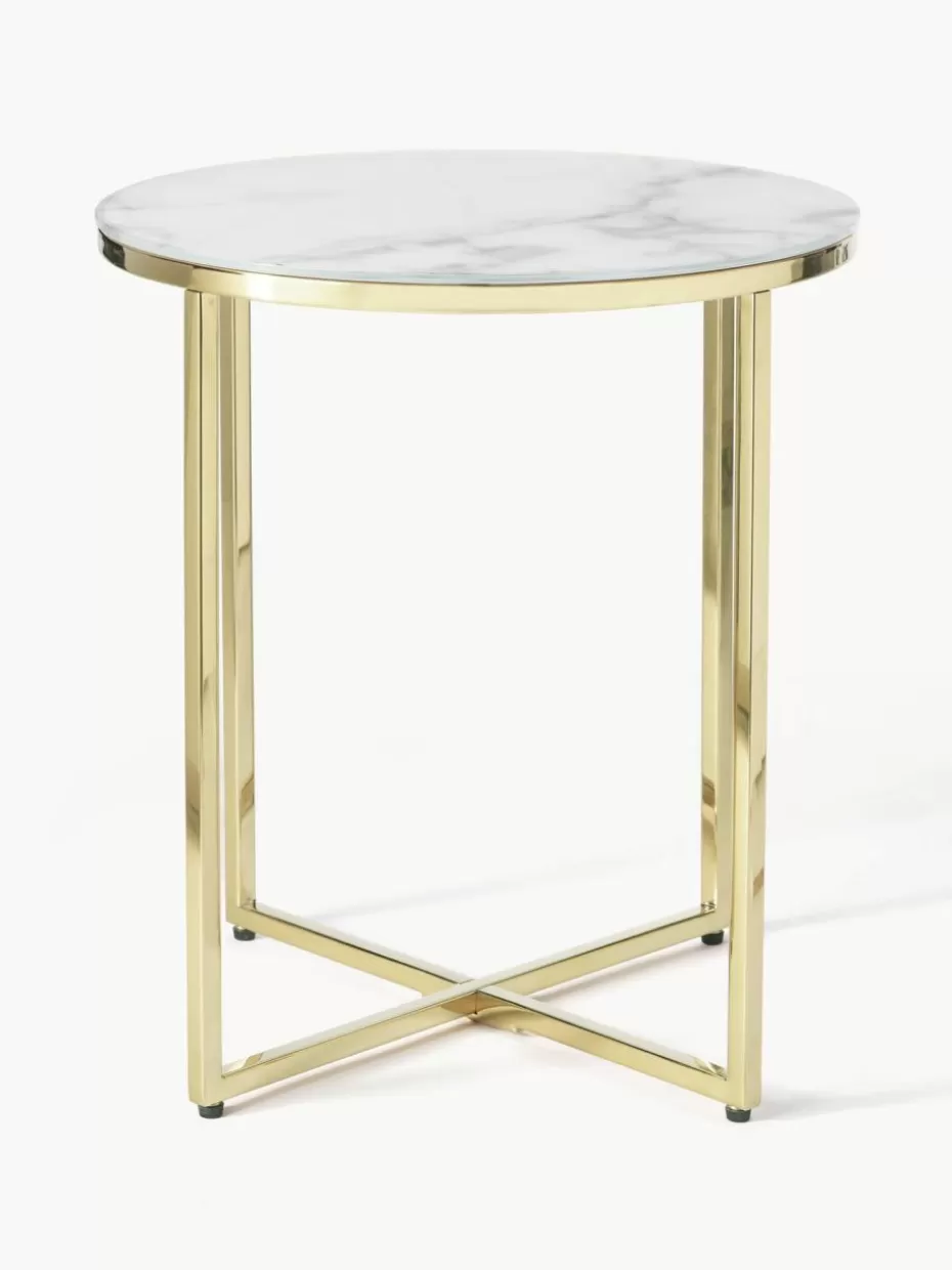 Beistelltische-Westwing Collection Runder Beistelltisch Antigua mit Glasplatte in Marmor-Optik Marmor-Optik Weiß, Goldfarben glänzend