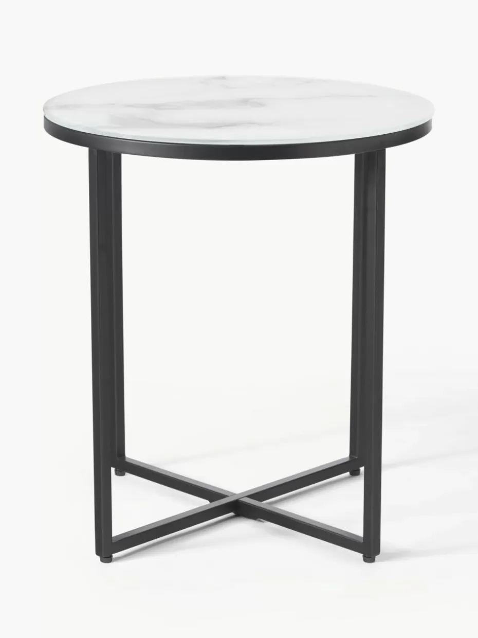 Beistelltische-Westwing Collection Runder Beistelltisch Antigua mit Glasplatte in Marmor-Optik Marmor-Optik Weiß, Schwarz matt