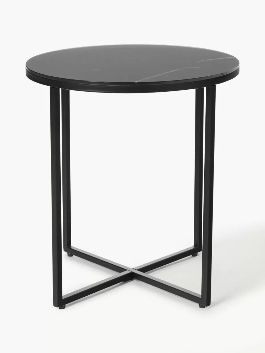 Beistelltische-Westwing Collection Runder Beistelltisch Antigua mit Glasplatte in Marmor-Optik Marmor-Optik Schwarz, Schwarz matt