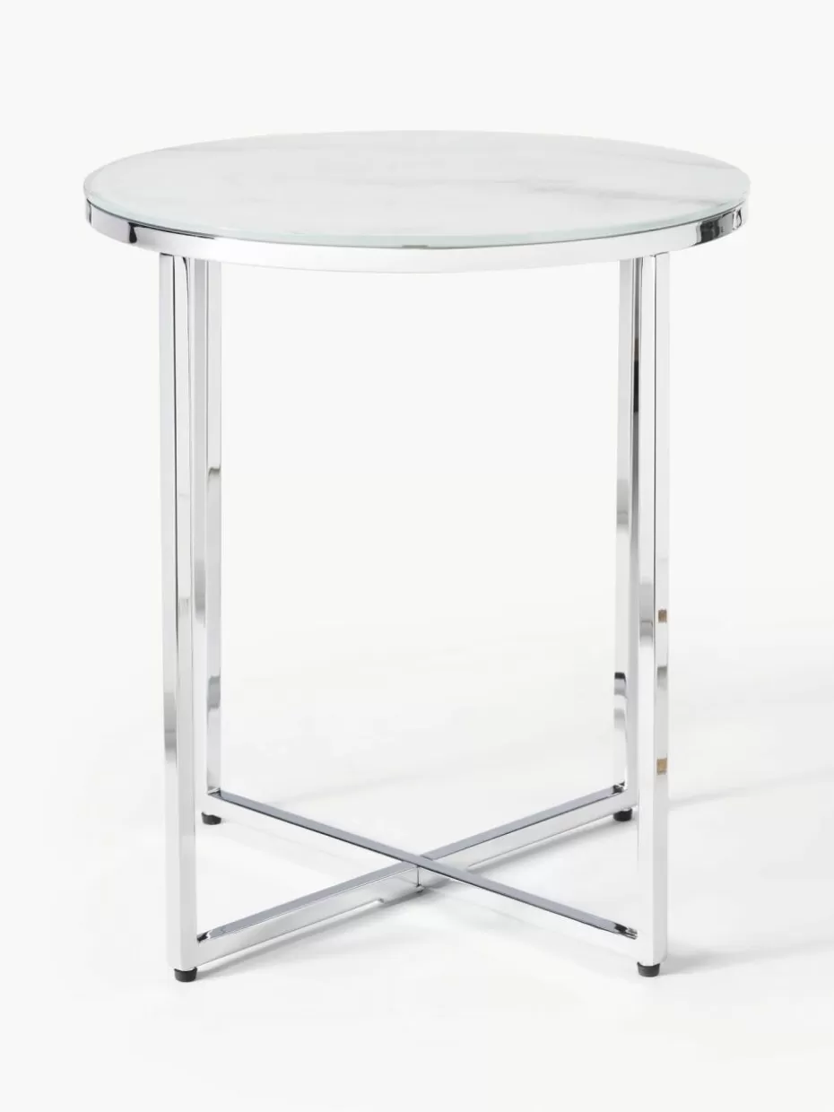 Beistelltische-Westwing Collection Runder Beistelltisch Antigua mit Glasplatte in Marmor-Optik Marmor-Optik Weiß, Silberfarben glänzend