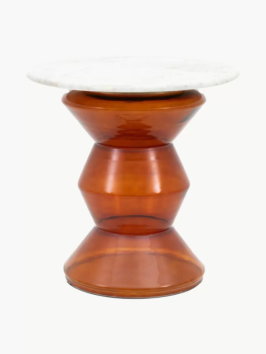 Beistelltische-Westwing Runder Beistelltisch Turin aus Glas und Marmor, mundgeblasen Weiß marmoriert, Orange