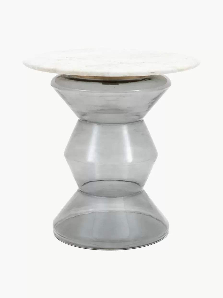 Beistelltische-Westwing Runder Beistelltisch Turin aus Glas und Marmor, mundgeblasen Weiß marmoriert, Transparent