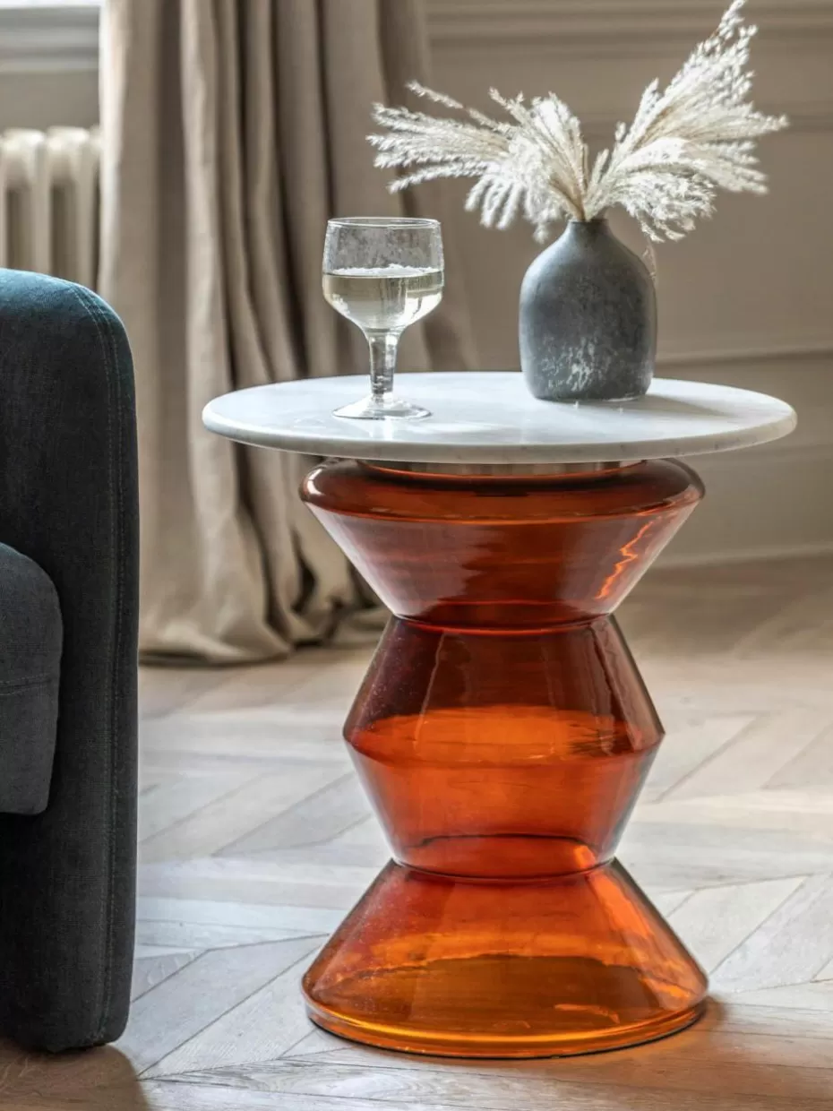 Beistelltische-Westwing Runder Beistelltisch Turin aus Glas und Marmor, mundgeblasen Weiß marmoriert, Orange
