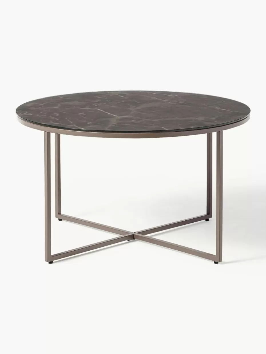 Couchtische-Westwing Collection Runder Couchtisch Antigua mit Glasplatte in Marmor-Optik Marmor-Optik Taupe, Taupe matt