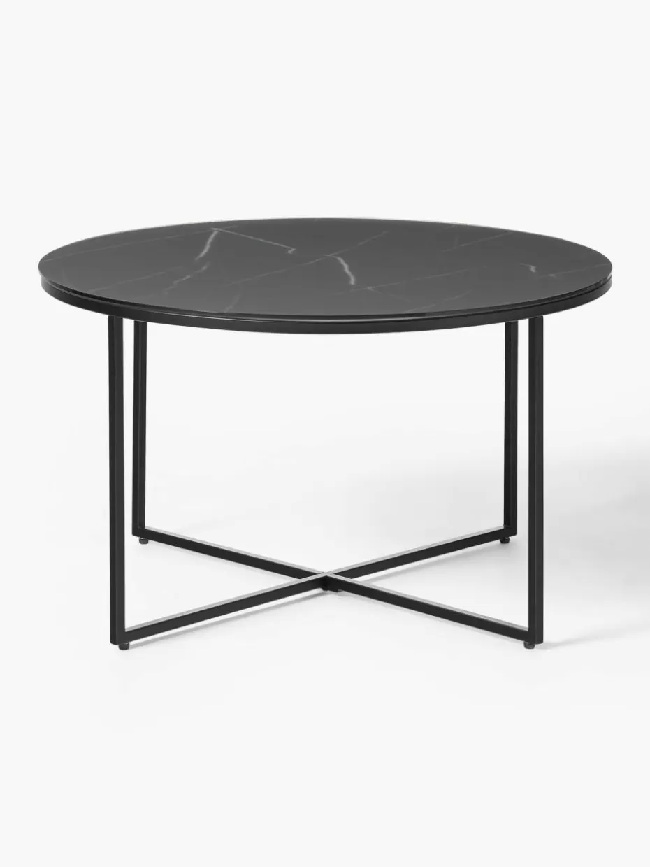 Couchtische-Westwing Collection Runder Couchtisch Antigua mit Glasplatte in Marmor-Optik Marmor-Optik Schwarz, Schwarz matt