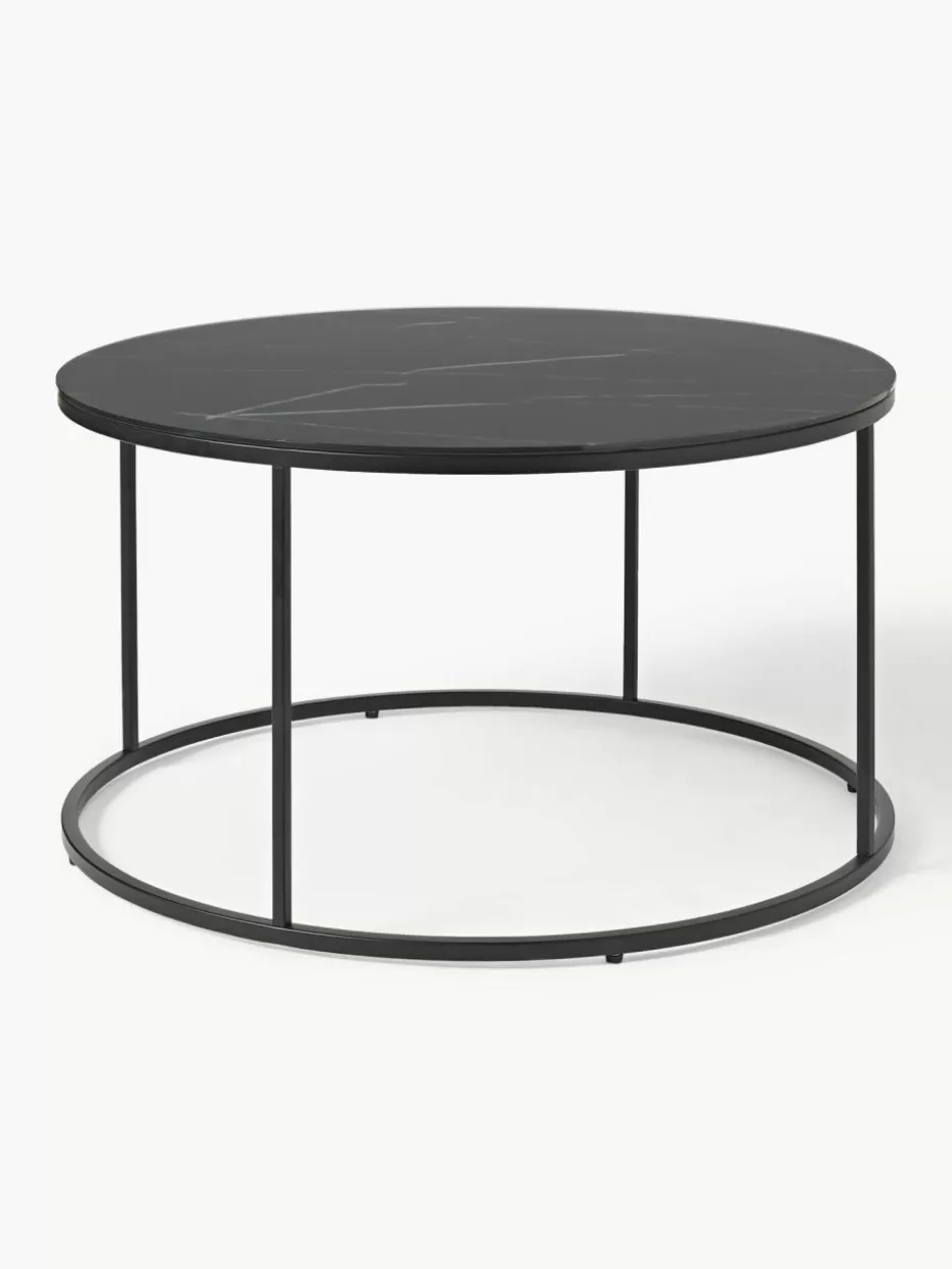 Couchtische-Westwing Collection Runder Couchtisch Antigua mit Glasplatte in Marmor-Optik Marmor-Optik Schwarz, Schwarz matt