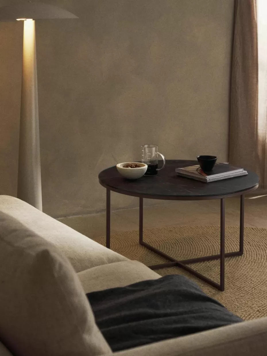 Couchtische-Westwing Collection Runder Couchtisch Antigua mit Glasplatte in Marmor-Optik Marmor-Optik Taupe, Taupe matt