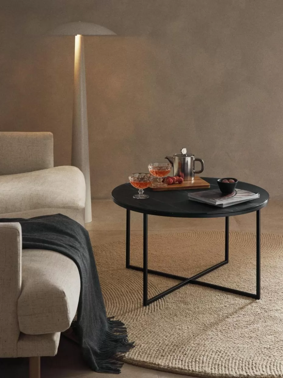 Couchtische-Westwing Collection Runder Couchtisch Antigua mit Glasplatte in Marmor-Optik Marmor-Optik Schwarz, Schwarz matt