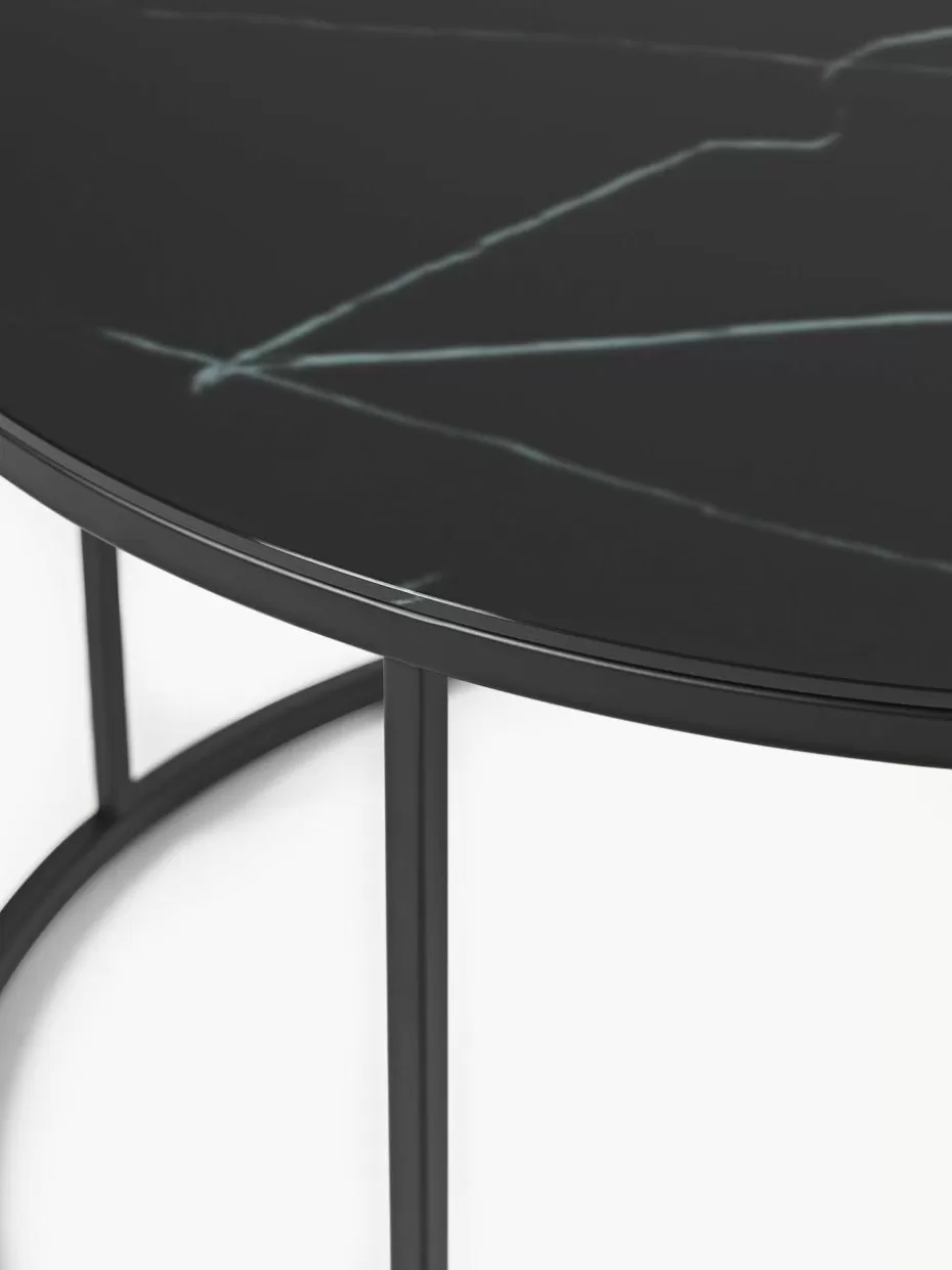 Couchtische-Westwing Collection Runder Couchtisch Antigua mit Glasplatte in Marmor-Optik Marmor-Optik Schwarz, Schwarz matt