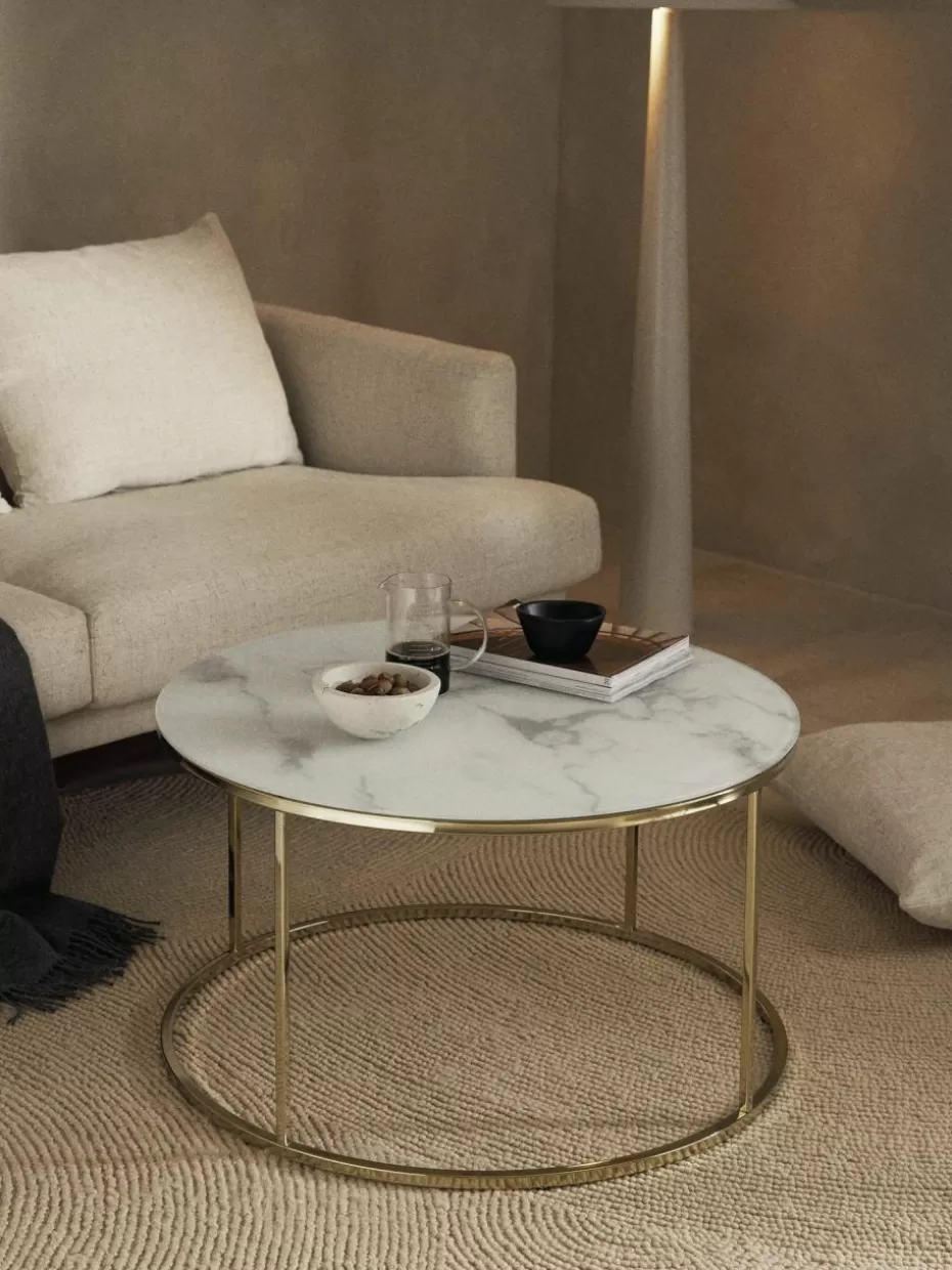 Couchtische-Westwing Collection Runder Couchtisch Antigua mit Glasplatte in Marmor-Optik Marmor-Optik Weiß, Goldfarben glänzend