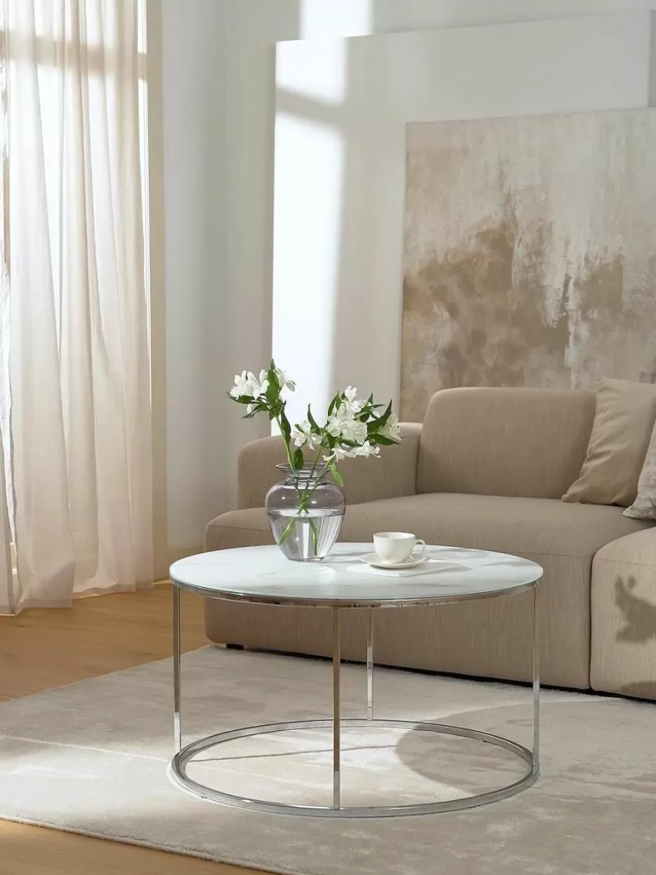 Couchtische-Westwing Collection Runder Couchtisch Antigua mit Glasplatte in Marmor-Optik Marmor-Optik Weiß, Silberfarben glänzend