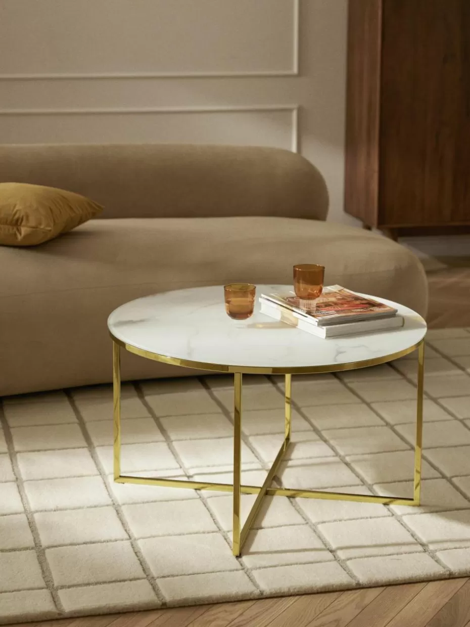 Couchtische-Westwing Collection Runder Couchtisch Antigua mit Glasplatte in Marmor-Optik Marmor-Optik Weiß, Goldfarben glänzend