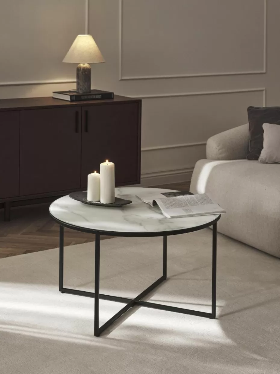 Couchtische-Westwing Collection Runder Couchtisch Antigua mit Glasplatte in Marmor-Optik Marmor-Optik Weiß, Schwarz matt