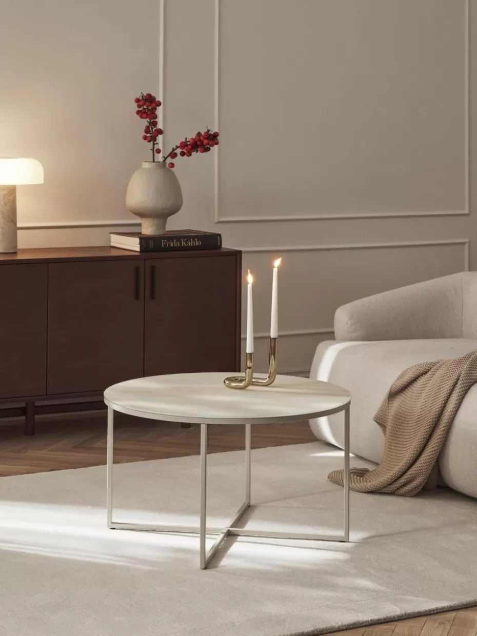 Couchtische-Westwing Collection Runder Couchtisch Antigua mit Glasplatte in Travertin-Optik Travertin-Optik Beige, Hellbeige matt