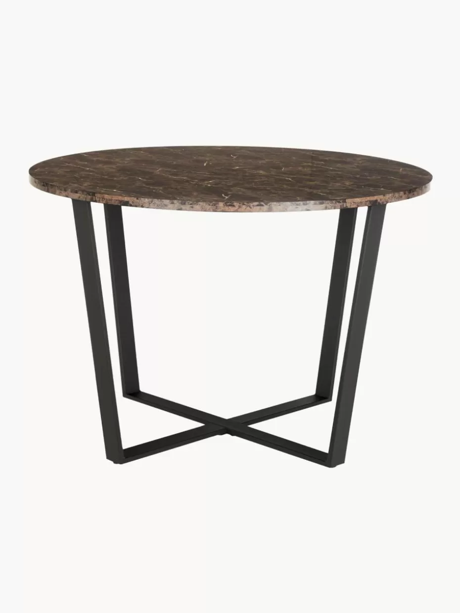 Esstische-Westwing Runder Esstisch Amble mit Tischplatte in Marmor-Optik, Ø 110 cm Marmor-Optik Braun, Schwarz