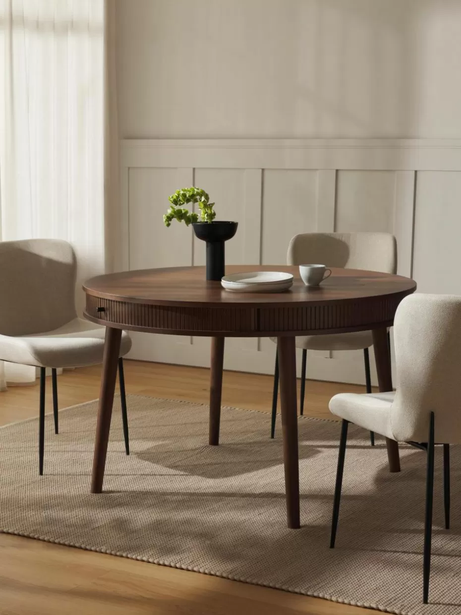 Esstische-Westwing Collection Runder Esstisch Calary mit Stauraum, Ø 120 cm Eichenholz, dunkelbraun lackiert