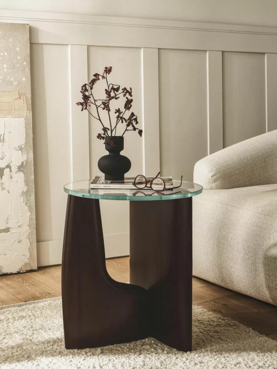 Beistelltische-Westwing Collection Runder Holz-Beistelltisch Miya mit Glasplatte Pappelholz, dunkelbraun lackiert, Transparent