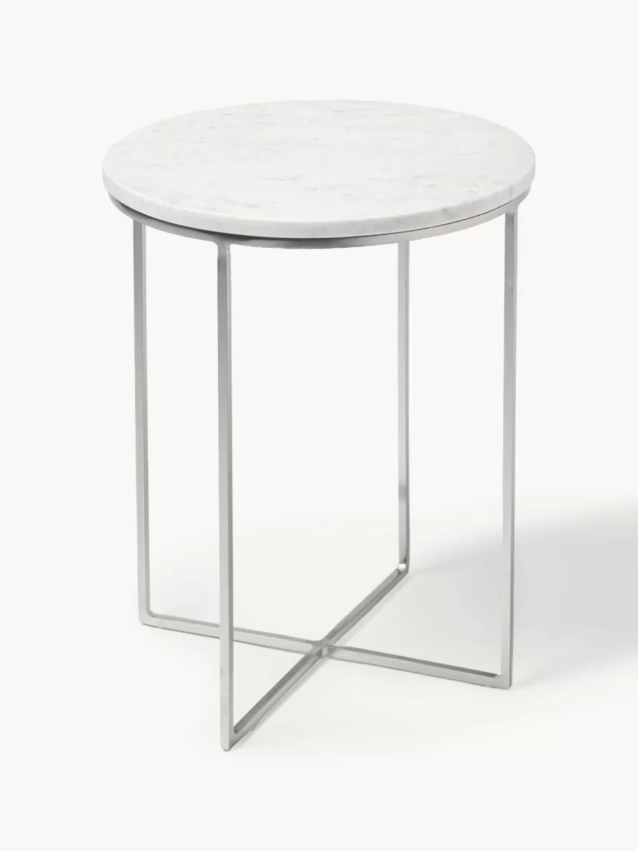 Beistelltische-Westwing Collection Runder Marmor-Beistelltisch Alys Weiß marmoriert, Silberfarben