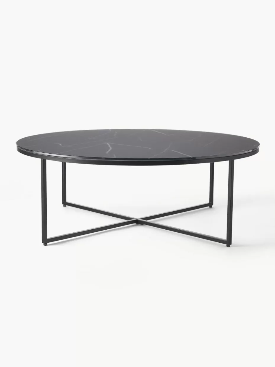 Couchtische-Westwing Collection Runder XL-Couchtisch Antigua mit Glasplatte in Marmor-Optik Marmor-Optik Schwarz, Schwarz matt