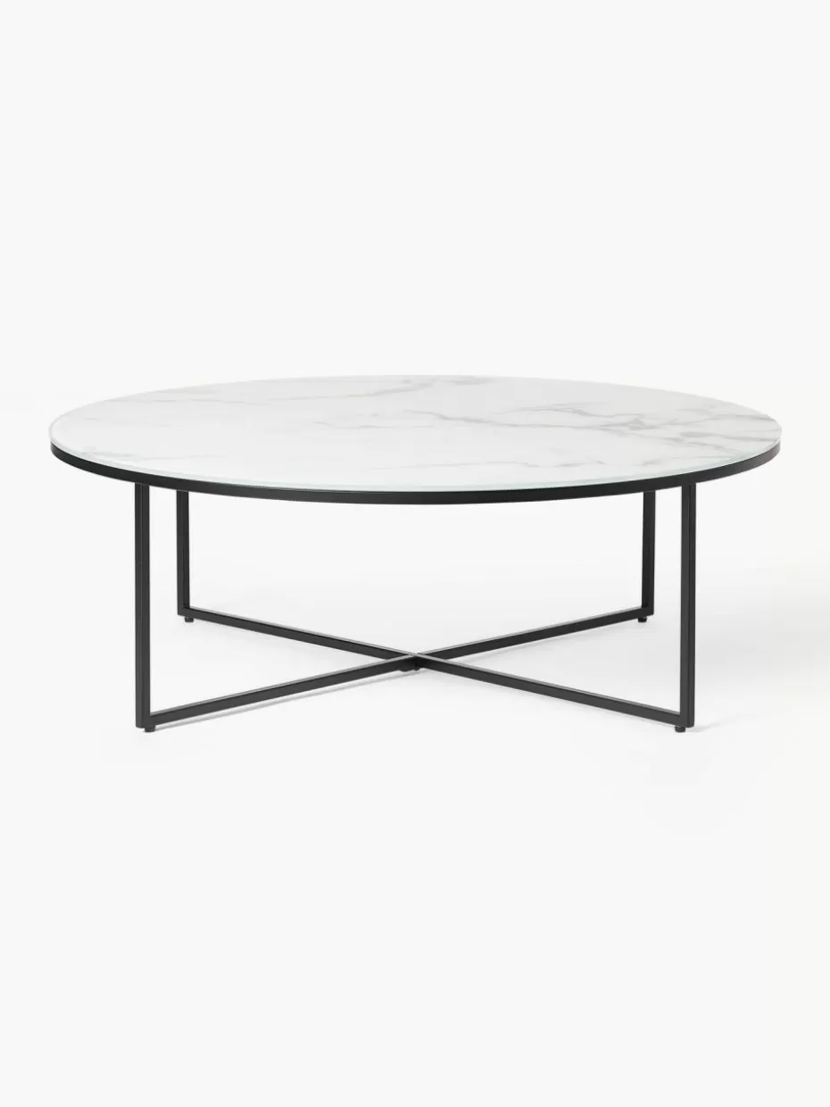 Couchtische-Westwing Collection Runder XL-Couchtisch Antigua mit Glasplatte in Marmor-Optik Marmor-Optik Weiß, Schwarz matt