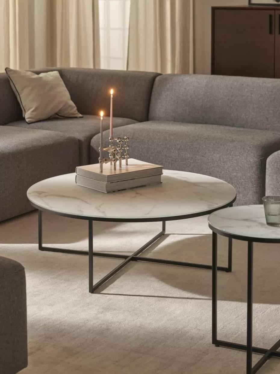 Couchtische-Westwing Collection Runder XL-Couchtisch Antigua mit Glasplatte in Marmor-Optik Marmor-Optik Weiß, Schwarz matt