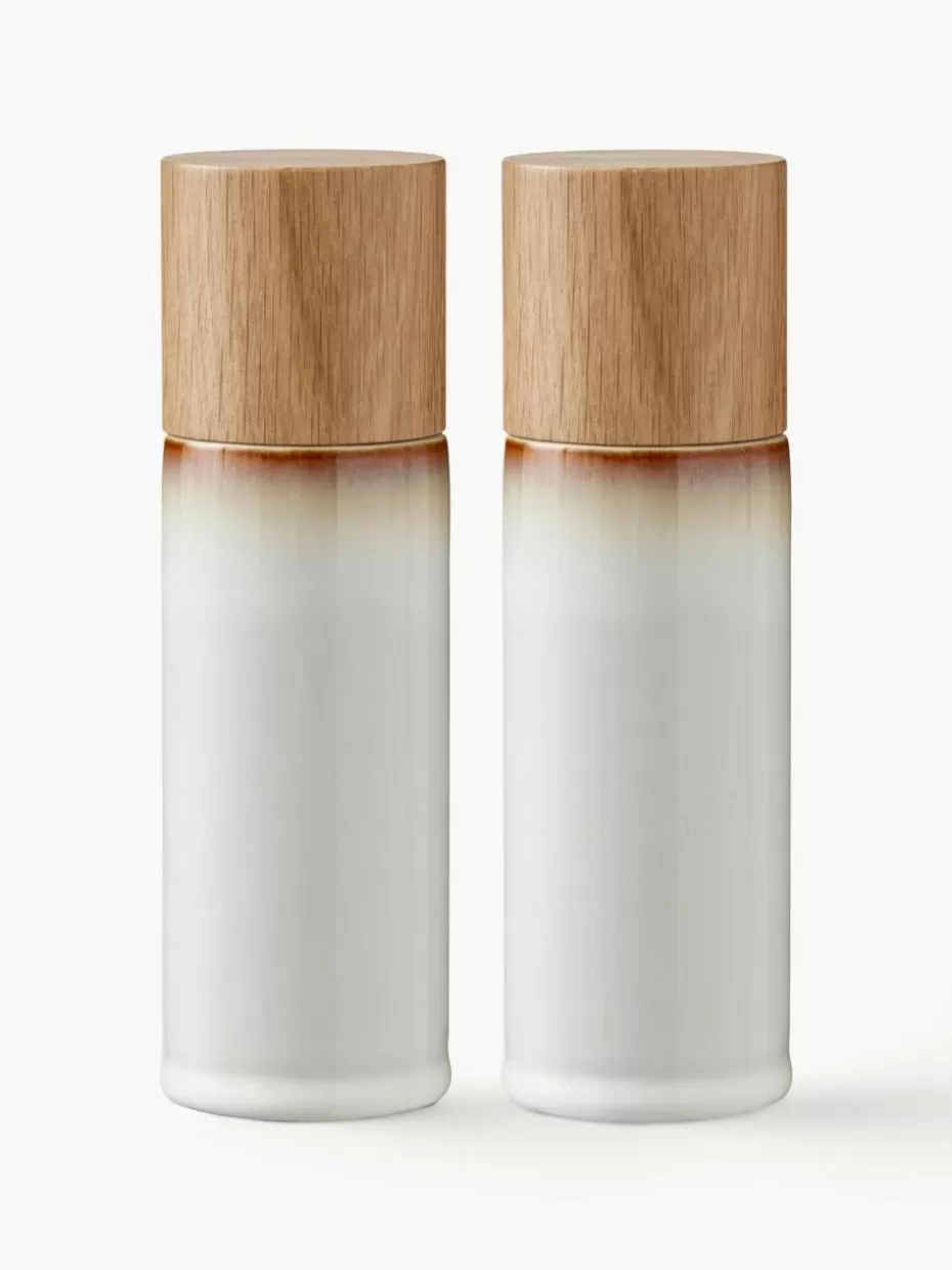 Gewürzmühlen-Bitz Salz- und Pfeffermühle mit Holzdeckel, 2er-Set Off White, gesprenkelt