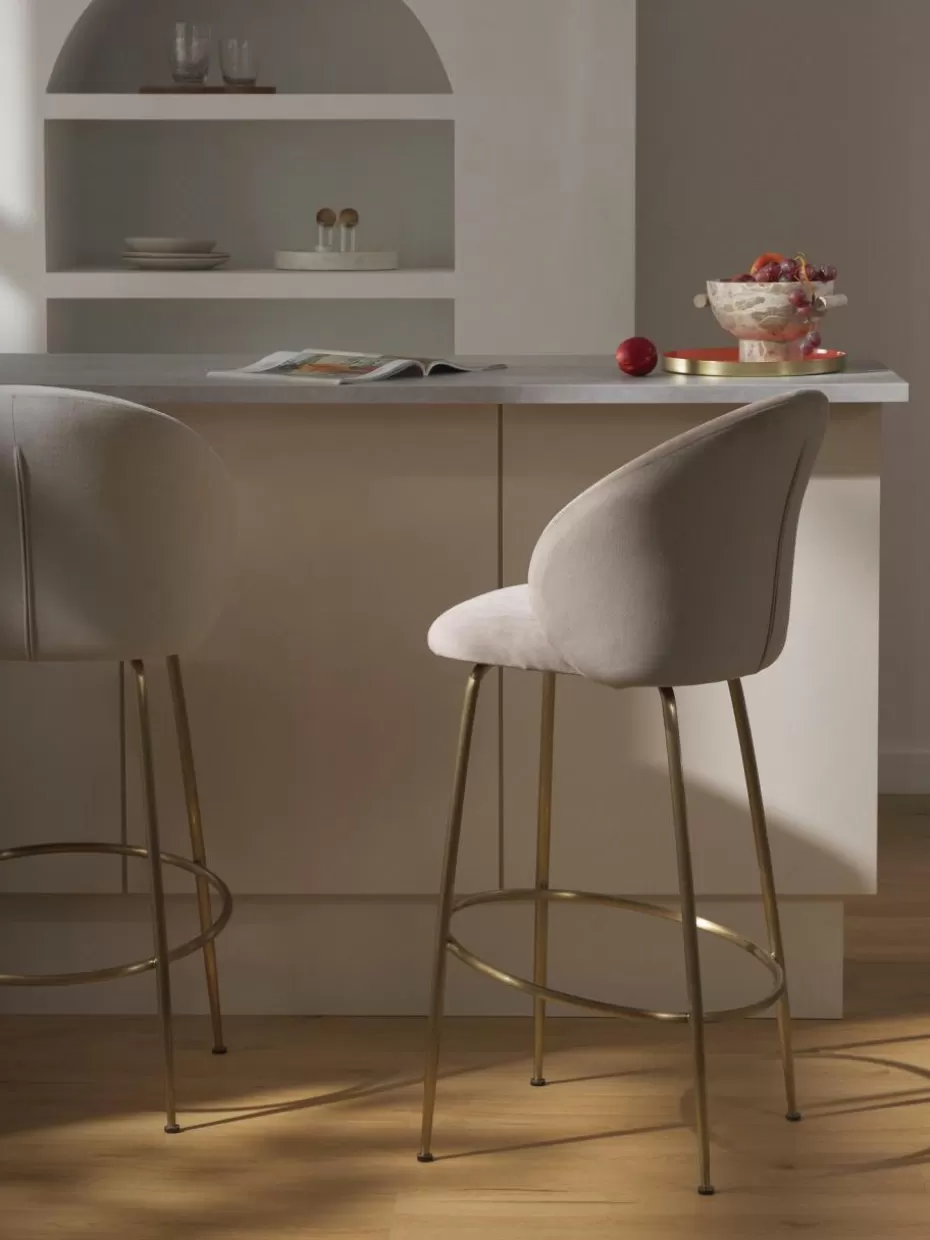 Barhocker-Westwing Collection Samt-Barstuhl Luisa Samt Taupe, Goldfarben glänzend