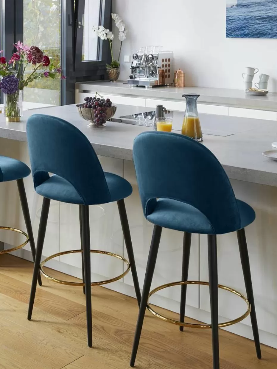Barhocker-Westwing Collection Samt-Barstuhl Rachel Samt Blau, Schwarz matt