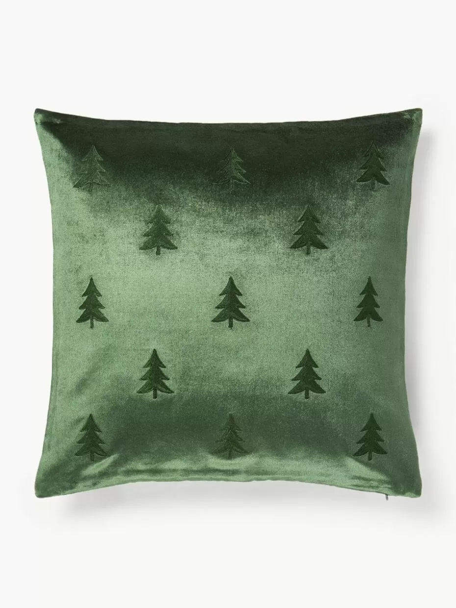 Weihnachtskissen | Dekokissen-Westwing Collection Samt-Kissenhülle Isadora mit Weihnachtsbaum-Stickerei Dunkelgrün
