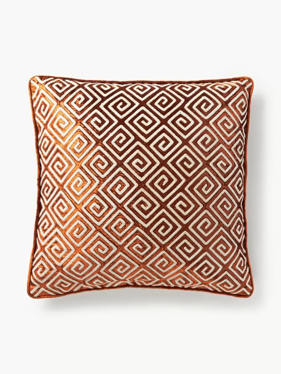 Dekokissen-Westwing Collection Samt-Kissenhülle Solenne mit Chenille-Stickerei Terrakotta, Hellbeige