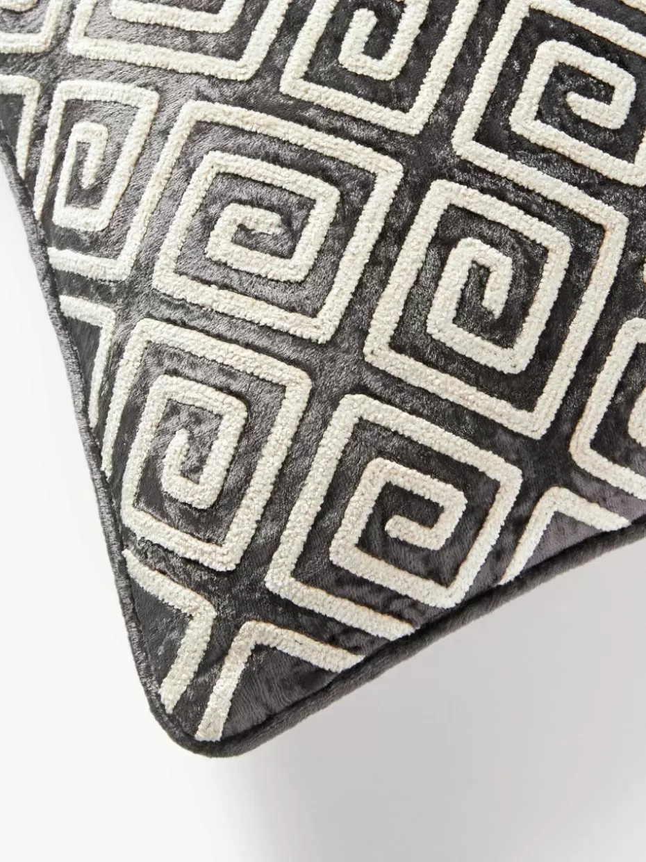 Dekokissen-Westwing Collection Samt-Kissenhülle Solenne mit Chenille-Stickerei Anthrazit, Hellbeige