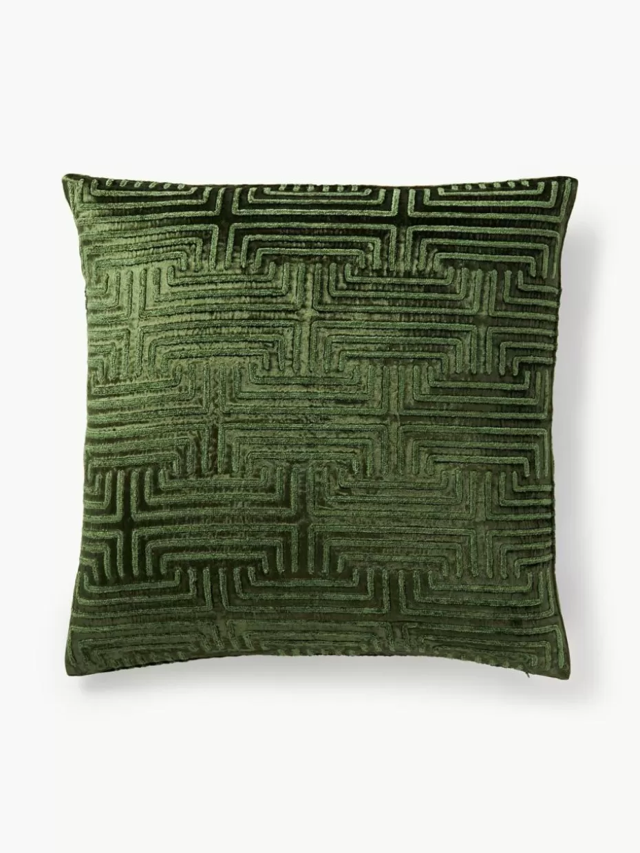 Dekokissen-Westwing Collection Samt-Kissenhülle Stormi mit Chenille-Stickerei Dunkelgrün