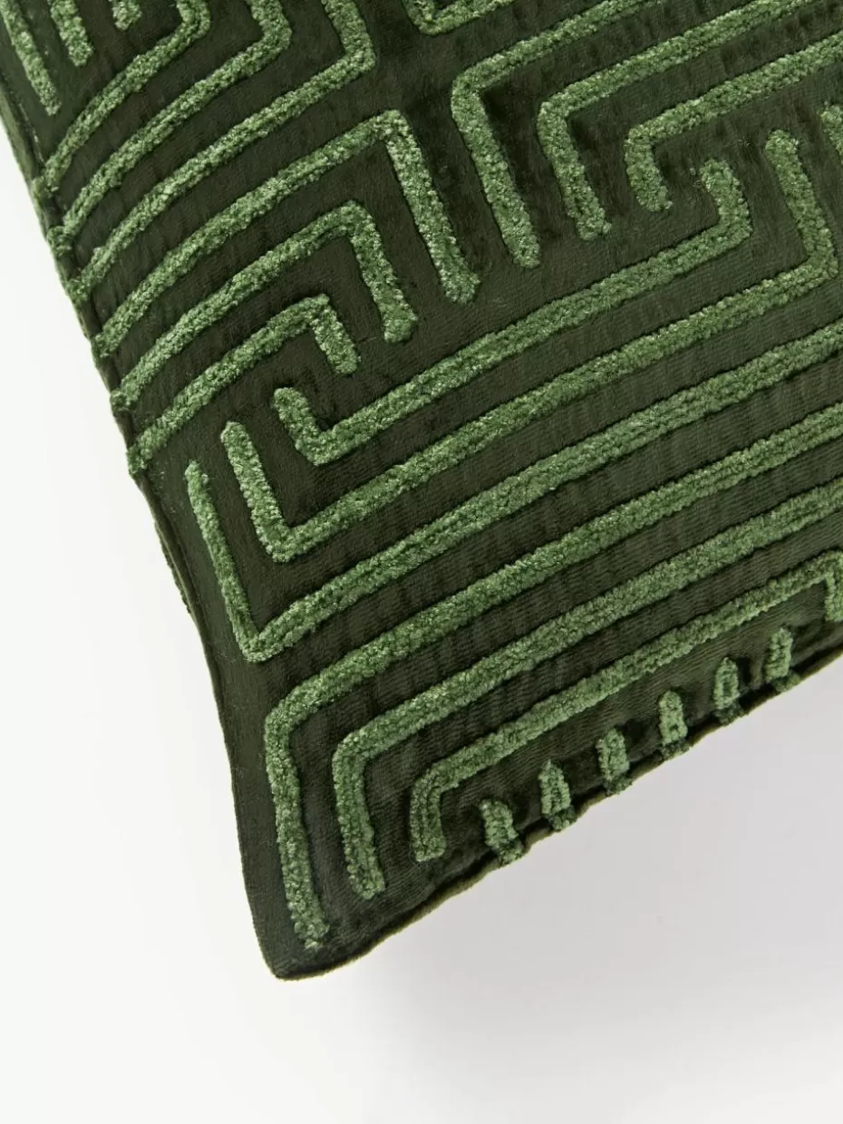 Dekokissen-Westwing Collection Samt-Kissenhülle Stormi mit Chenille-Stickerei Dunkelgrün