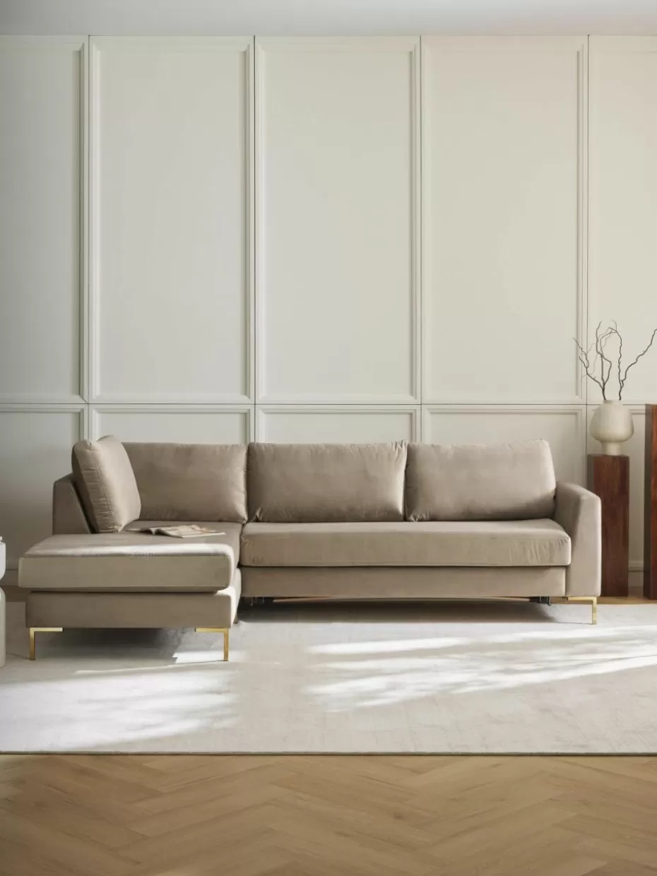 Sofas | Sofaserien-Westwing Collection Samt-Schlafsofa Luna (3-Sitzer) mit Matratze Samt Greige