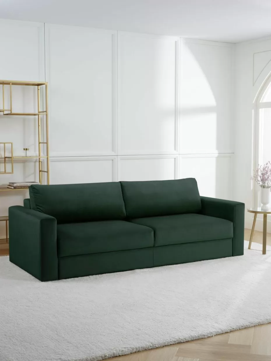 Sofas-Westwing Collection Samt-Schlafsofa Tasha (3-Sitzer) mit Stauraum Samt Dunkelgrün
