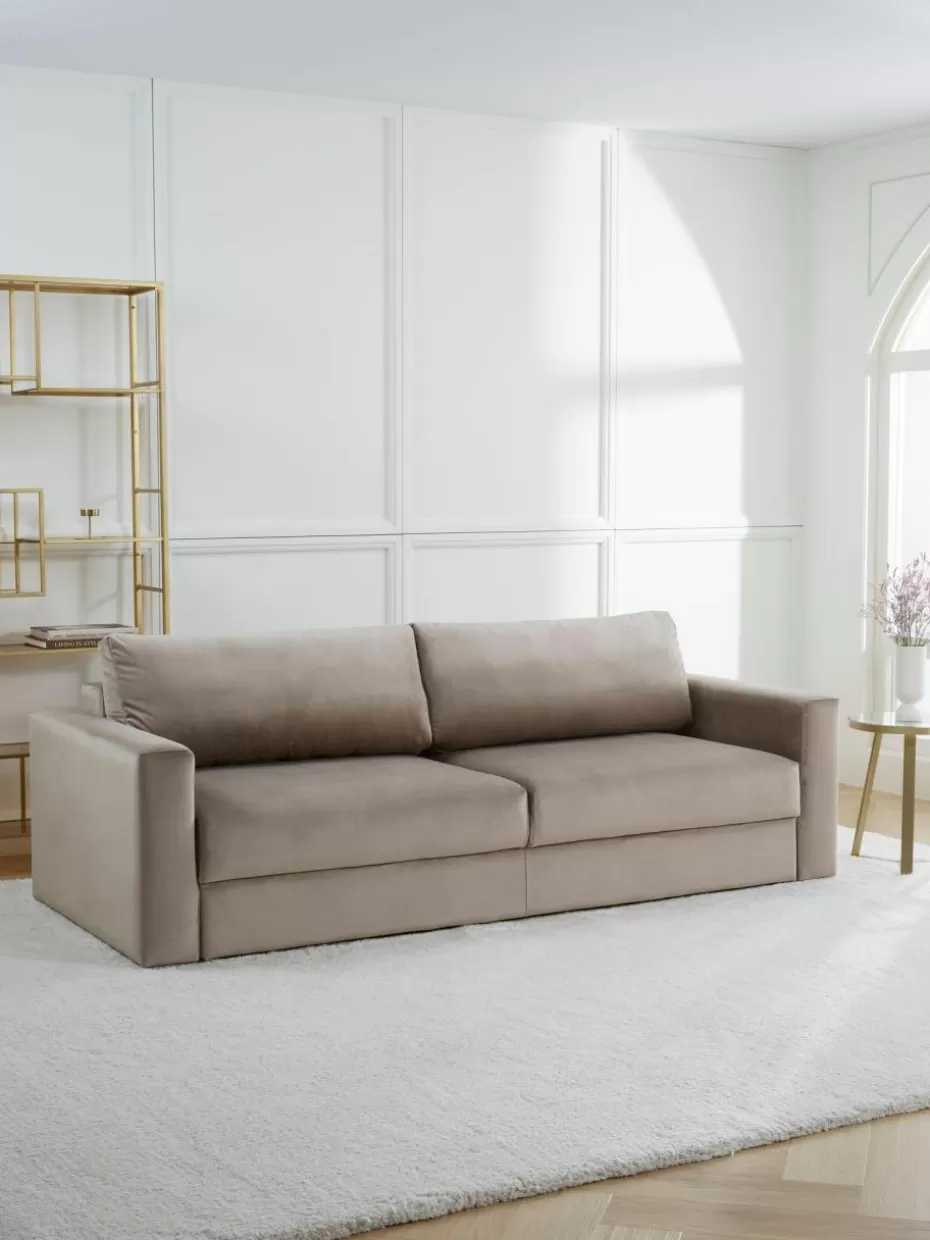 Sofas-Westwing Collection Samt-Schlafsofa Tasha (3-Sitzer) mit Stauraum Samt Taupe
